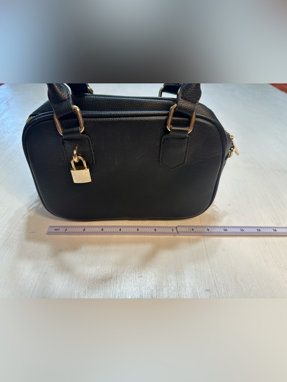 Kayla Ava Black Faux Leather Satchel Crossbody Bag Gold Hardware Floral Lining - Picture 3 of 11